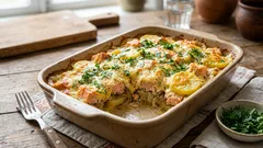 サーモンとじゃがいもの黄金色チーズクラスト:オーブンで作る失敗知らずの一品